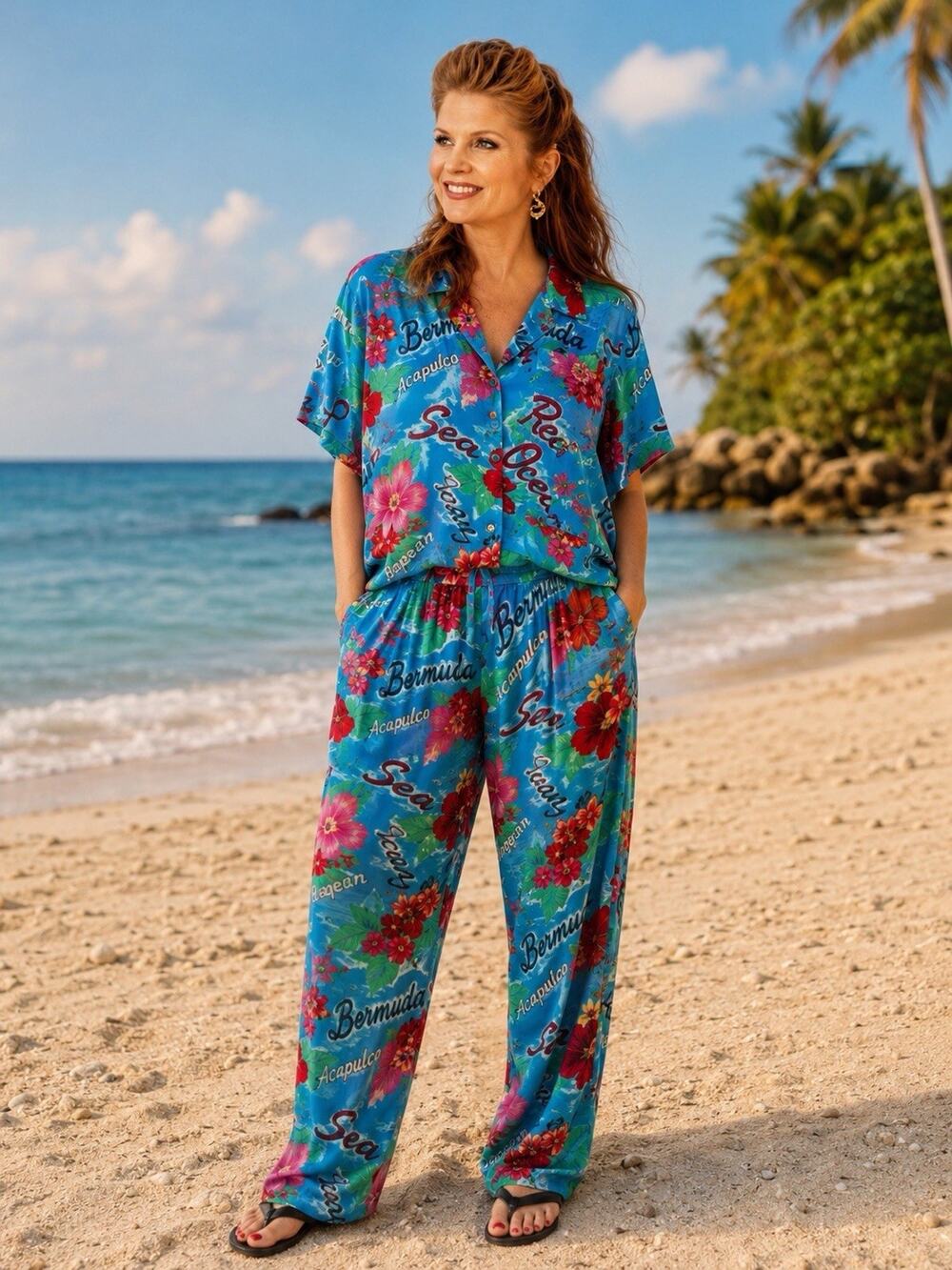 VTG 90s Carole Little Sport Tropical Cruise Top Pants Set Rayon Medium